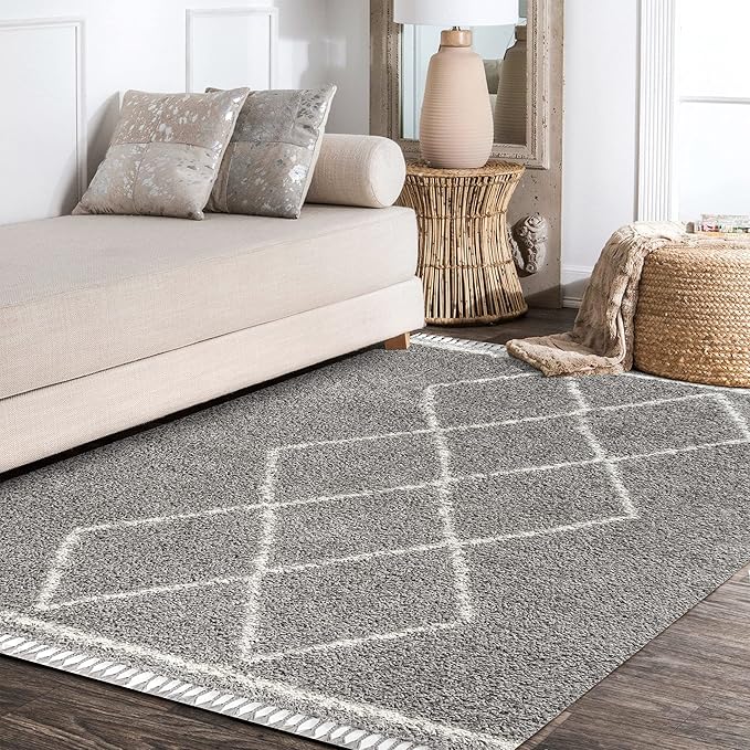 JONATHAN Y Mercer Shag Plush Tassel Gray/Cream Indoor Area Rug, 4x6, Moroccan Geometric Trellis, Bohemian, Easy-Cleaning for Living Room, Bedroom, Kitchen, Pet Friendly, Non-Shedding (MCR103C-4)