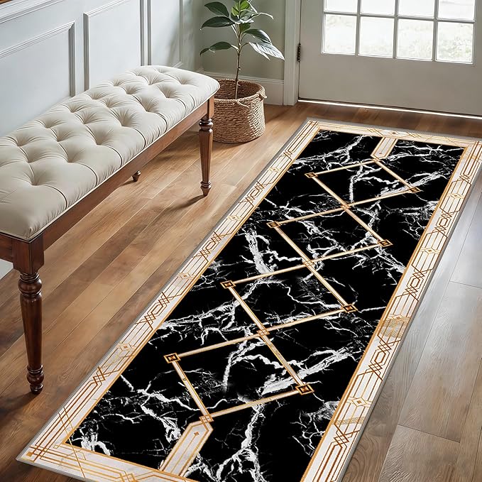 Abstract Marble Texture Throw Carpet Runner for Entrance, 2x6ft, Luxury Gold Geometric Line Bedroom Rug, Dirty Resistant Absorbent Bathroom Decor Washable Area Carpet for Office