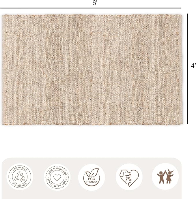 REDEARTH · Jute Cotton Area Rug - 4'x6' Rectangular Rug, Sustainable Handwoven, Non-Shedding, Soft & Durable – Reversible, Neutral Tones for Home Décor in Living Room, Dining Room, Bedroom