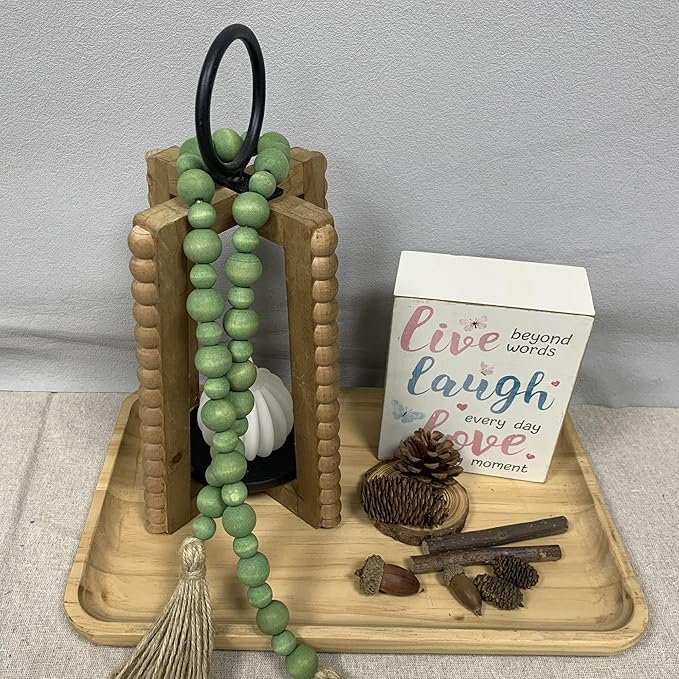 Handcrafted Farmhouse Wooden Decorative Beads Garland, Table Tray Boho Wood Beads with Tassel, Small Rustic Antique Decor for Home and Events (Sage Green)