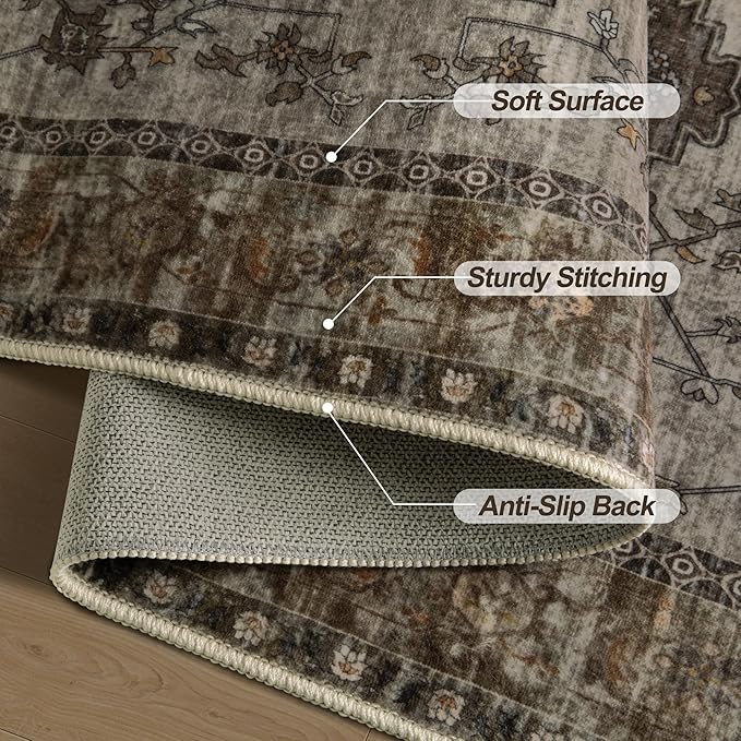 Tangsoo 2.6x8 Washable Runner Rug for Hallways, Non Slip Vintage Runner Rug, Soft Low Pile Long Rug Runner, Print Carpet Runners for Kitchen Bedroom Entryway Bathroom Living Room Grey