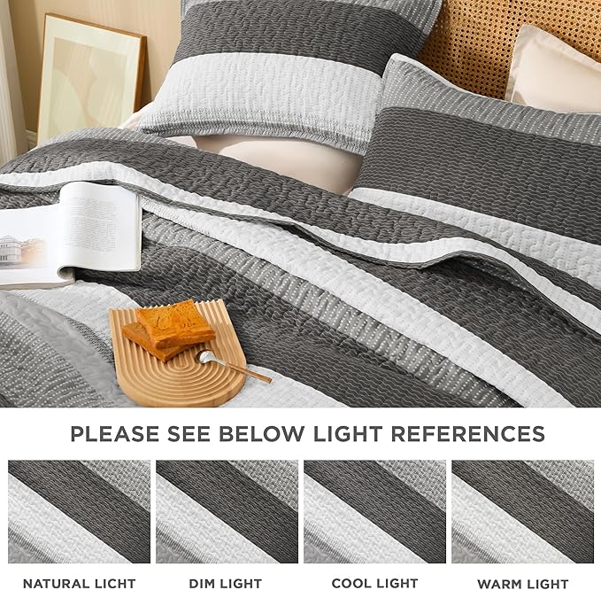 Litanika Oversized King Quilt Set Dark Grey, 120x98 Stripe Bedspread Coverlet 3 Pieces, Dark Grey Lightweight Quilted Bedding Set for All Season(Oversized King-1 Quilt, 2 Pillowcases)