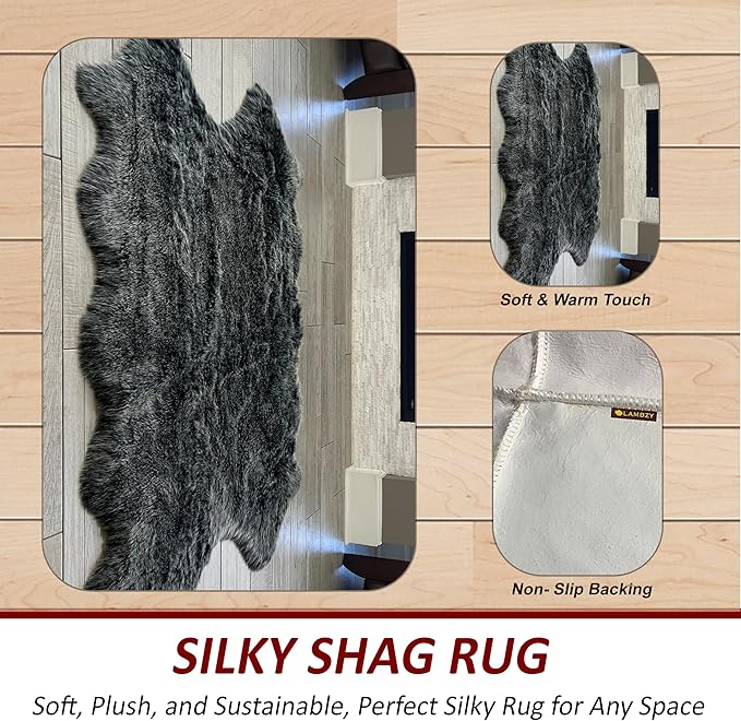 Free Shape Luxury Soft Fluffy Shag Area Rug Single Quarto 4 Pelts 4'x6',120x180 cm - Vegan Fur Ultra Soft Indoor Carpet Nursery Rugs for Bedroom Home Decor, Black with White Tips