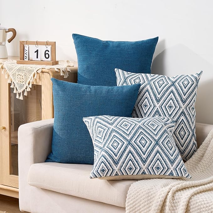 HPUK Decorative Throw Pillow Covers Set of 4 Couch Pillows Linen Cushion Cover for Couch Sofa Living Room, 18"x18" inches, Navy Blue