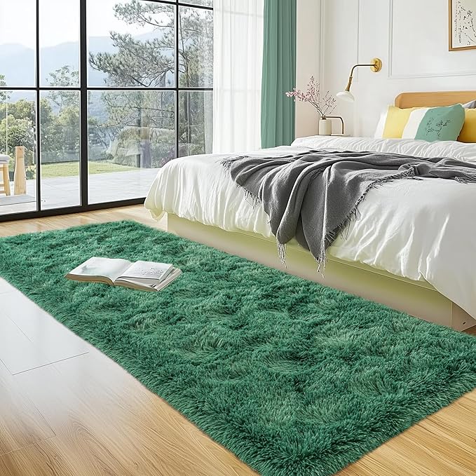 Fluffy Runner Rugs for Bedroom Hallways, 2x6 Runners for Hallways Fluffy Shag Throw Area Rug Non Slip for Bedside Dorm, Shag Rugs for Girls Boys Bedroom, Floor Carpet Runner for Kids Dorm, Dark Green