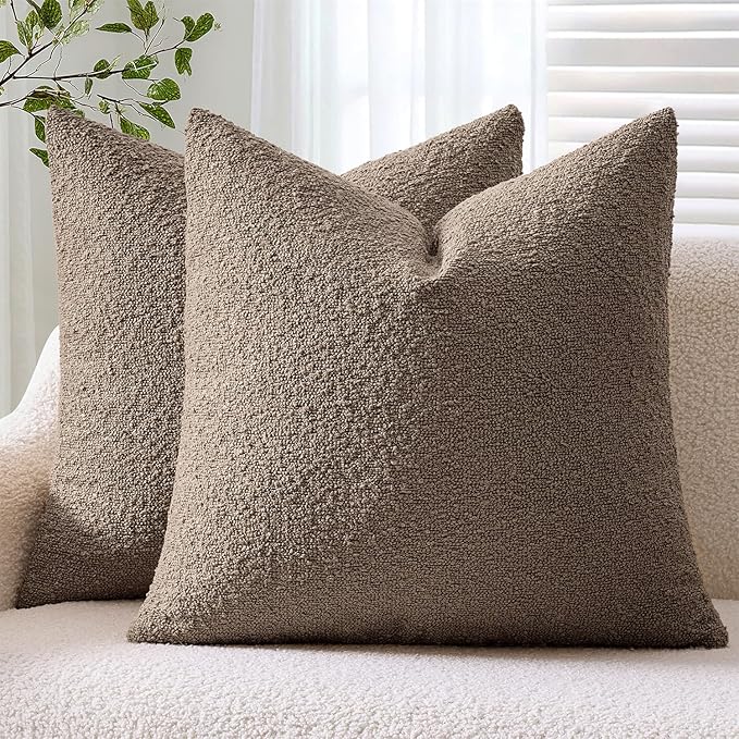 ANRODUO Pack of 2 Textured Boucle Throw Pillow Covers Soft Brown Decorative Accent Solid Pillow Cases Cozy Modern Couch Cushion Case for Chair Sofa Bedroom Living Room Home Decor, 18 x 18 Inch