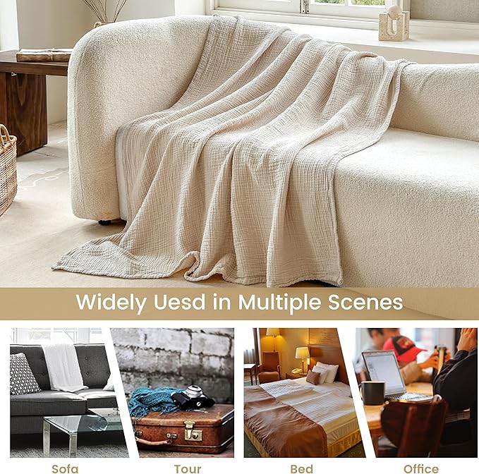 FALUCA Cotton Muslin Reversible Blanket King Size for Bed, Couch, Four Layers Blanket, Soft Lightweight Cozy Breathable Farmhouse Decoration for All-Season, Khaki