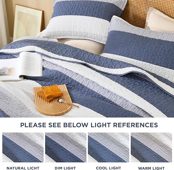 Litanika Twin Quilt Set Mineral Blue, 68x86 Stripe Bedspread Coverlet 2 Pieces, Mineral Blue Lightweight Quilted Bedding Set for All Season(Twin-1 Quilt, 1 Pillowcase)