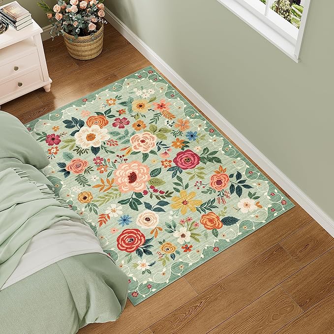 DUKINO 3x4 Area Rug, Lightweight Non Slip Washable Floral Rug, Indoor Low Pile & Non-Shedding Boho Design Carpets for Bedroom, Kitchen, Dining Room, Green