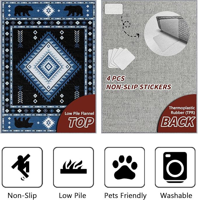 Aztec Rug 7x9 - Southwestern Bear Cabin Area Rugs for Living Room Bedroom, Rustic Navajo Machine Washable | Non-Slip | Soft Large Carpets, Native American Home Decor (Blue White Black)