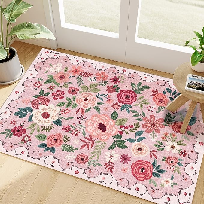 DUKINO 2x3 Rugs for Entryway, Floral Indoor Washable Door Mat, Non Slip Boho Small Rug for Kitchen, Soft Low Pile, Front Door Throw Rug for Entrance, Bedroom, Kitchen, Laundry, Bathroom, Pink
