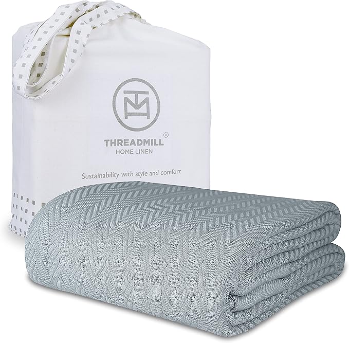 Threadmill Luxury Cotton Blankets for Queen Size Bed | All-Season 100% Cotton Queen Size Blanket | Herringbone Cozy, Soft Breathable Fall Thermal Blanket fits Full Size Bed | Scottish Grey