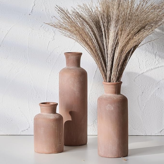 LUKA Ceramic Rustic Farmhouse Vase,Terracotta Vases for Decor,Vase Set of 3,Vases for Your Bedroom,Office,Living Room,Fireplace,Bookshelf Decor,Housewarming 10+7.5+5 Inch