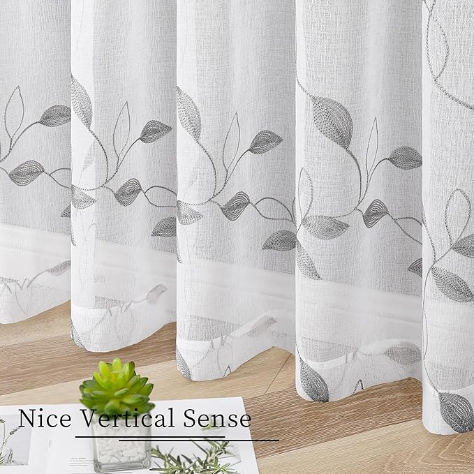 Tollpiz Grey Leaf Sheer Tier Curtain Leaves Embroidered Kitchen Curtains Rod Pocket Voile Bathroom Window Treatment for Cafe, 30 x 36 inches Long, Set of 2 Panels
