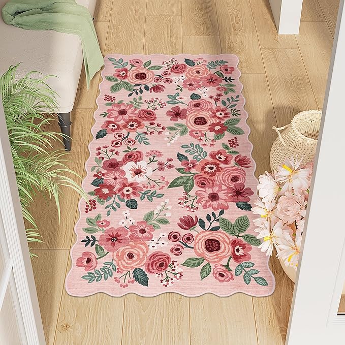 DUKINO 2x4 Washable Runner Rugs, Non Slip Floral Print Entryway Rug with Soft Low Pile, Lightweight Mat for Living Room, Bathroom, Bedroom, Kitchen, Pink