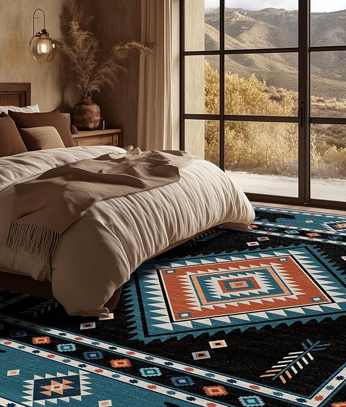 Native Amrican Rug 5x7 - Southwestern Bear Cabin Area Rugs for Living Room Bedroom, Rustic Boho Machine Washable | Non-Slip | Soft Large Carpets, Southwest Home Decor (Teal Orange Black)