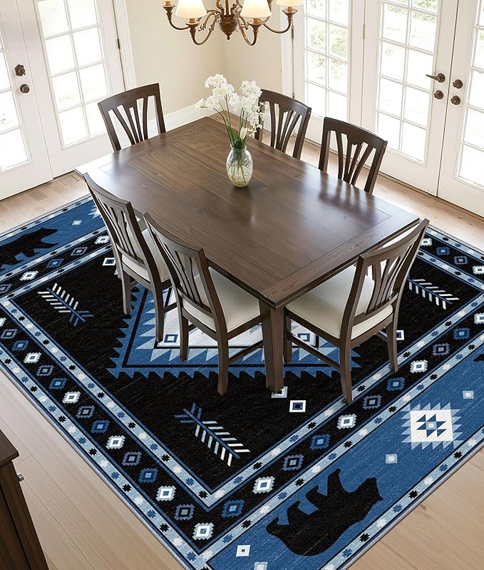 Aztec Rug 8x10 - Southwestern Bear Cabin Area Rugs for Living Room Bedroom, Rustic Western Machine Washable | Non-Slip | Soft Large Carpets, Native American Home Decor (Blue White Black)