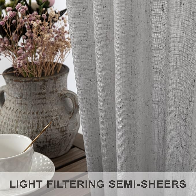 Light Grey Curtains 45 Inch Length for Kitchen Door 2 Panels Sets Rod Pocket Back Tab Loops Flax Linen Semi Transparent Opaque Short Gray Curtains for Bathroom Small Window Bedroom Contemporary Decor
