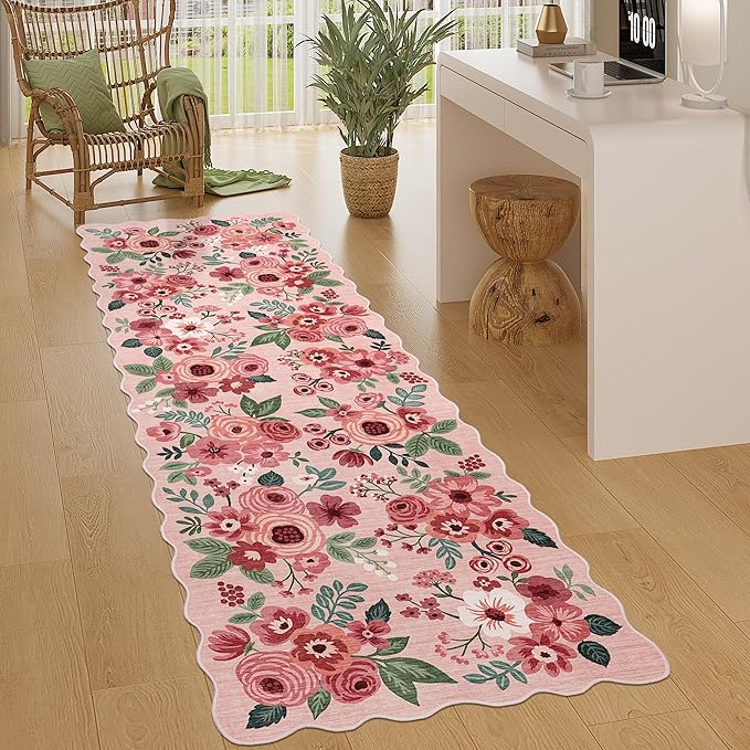 DUKINO 2.6x8 Runner Rug for Hallway, Washable Kitchen Rug with Non Slip Backing & Non-Shediing, Soft Low Pile Floral Design Runner for Bedroom, Kithchen, Living Room, Laundry, Bathroom, Pink