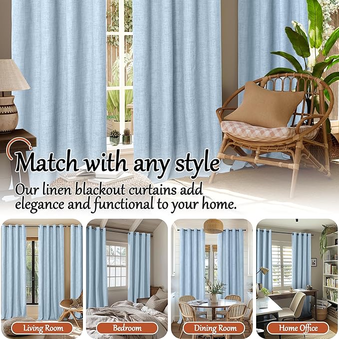 Baby Blue Linen Blackout Curtains for Nursery 63 Inch Length 2 Panels Set, Thermal Insulated Boho Total Black Out Noise Reducing Bonzer Grommets Window Curtains for Kids Bedroom, Each 38 Inch Wide