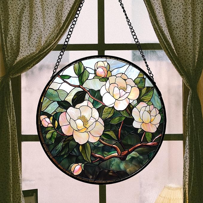 Stained Glass Suncatcher, Light Pink Flowers Green Leaf Sun Catcher Plant Stain Glass Window Hanging Decoration Mother's Day Birthday Gifts for Women Men Mom Nana 15 in