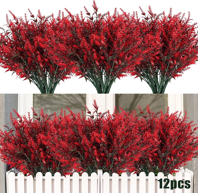 RECUTMS 12 Bundles Artificial Flowers Outdoor Fake Flowers for Decoration UV Resistant No Fade Faux Plastic Plants Garden Porch Window Box Décor, Flores Artificiales para Decoracion(Red)