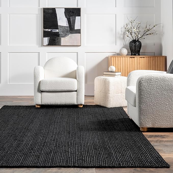 nuLOOM 3x5 Rigo Jute Hand Woven Area Rug, Black, Solid Farmhouse Design, Natural Fiber, For Bedroom, Living Room, Dining Room, Hallway, Office, Kitchen, Entryway