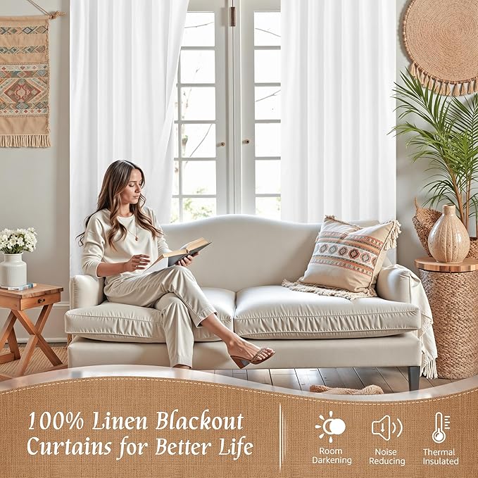 LAMIT 100% Blackout Short Linen Curtains, 48 Inch Length Linen Textured Thermal Curtains Back Tab and Rod Pocket Neutral Panels with White Liner for Small Window, 2 Panels, 42 x 48 Inch, White