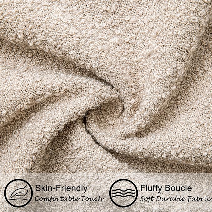 22"x22" Oatmeal Boucle Pillow Covers with Faux Leather Accents Set of 2 Fluffy Textured Decorative Throw Pillow Cases for Couch Bed Boho Farmhouse Square Cushion Covers for Home Décor