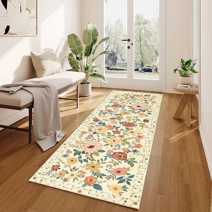 DUKINO Runner Rug, 2.6x8 Kitchen Rug for Hallway with Non Slip Backing, Washable Low Pile Soft Boho Floral Runner Carpet for Hallway, Kitchen, Entryway, Laundry, Bedroom, Beige Yellow