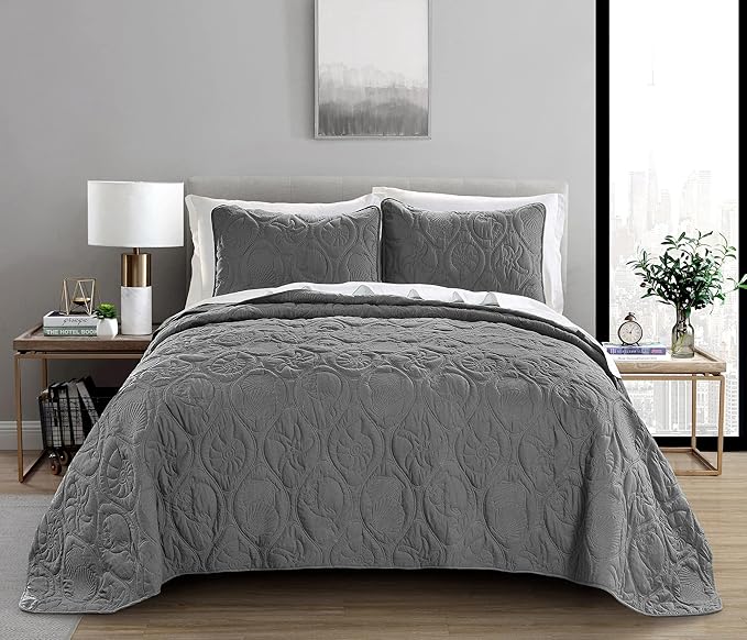 Pure Bedding Quilt Set King/Cal King/California King Size Dark Grey - Oversized Bedspread - Microfiber Coverlet - Includes 1 Quilt and 2 Shams, Ocean Star Pattern