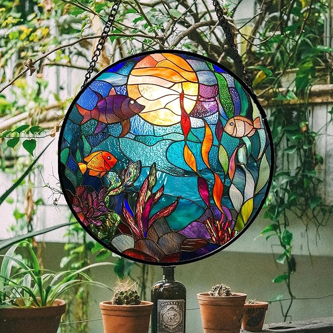 Stained Glass Window Hanging - Blue Ocean World Small Fish Coral Sun Catcher for Door Garden Home Decor Sea Suncatcher Christmas Mother's Day Birthday Gifts for Women Men Mom Nana 9.8 in