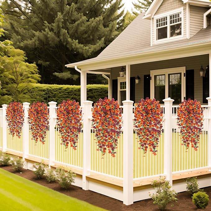 Fake Mums Artificial Hanging Flowers for Outdoor Fall Decoration, 2 PCS Silk Daisy Flower Realistic Faux Plants UV Resistant for Porch Patio Window Yard Outside Autumn Decor(Orange Brown)
