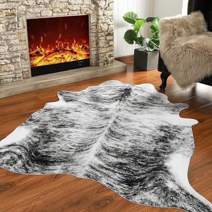 AROGAN Western Decor Faux Fur Cowhide Rug, 6.2 x 5.2 Feet Premium Animal Skin Cow Hide Rug, Sturdy Cow Print Rugs for Wall Decor, Western Floor Carpet for Bedroom Living Room, Black and Grey