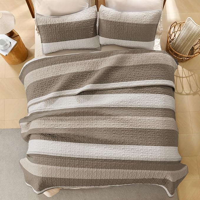 Litanika California King Quilt Set Hazel - Cal King Oversized Stripe Comforter Bedspreads & Coverlets - Soft Lightweight Quilted Bedding Set for All Season(1 Quilt, 2 Pillowcases)