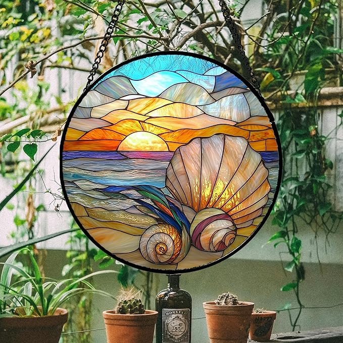 Stained Glass Window Hanging - Colorful Beach Shells Conch Sun Catcher for Door Home Decor Ocean Suncatcher Christmas Mother's Day Birthday Sea Lover Gifts for Women Men Mom Nana 7.8 in