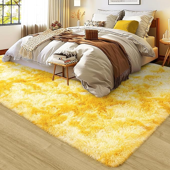 Ultra Fluffy Area Rugs for Living Room Bedroom, 6x9 Fuzzy Large Living Room Rugs, Thick Shag Rug for Dorm, Soft Non Slip Kids Girls Boys Rug for Home Decor Aesthetic, Tie-Dyed Yellow