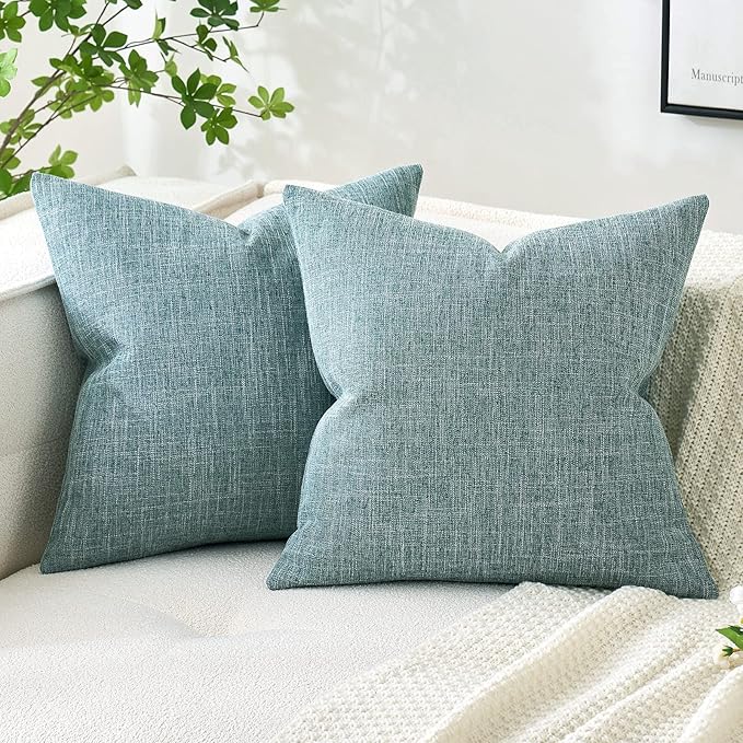 MIULEE Pack of 2 Decorative Linen Burlap Coastal Pillow Covers Farmhouse Boho Accent Pillowcases for Sofa Car Couch Bedroom Living Room Decor 18x18 Inch Teal