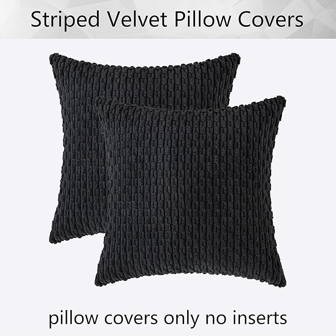 Kevin Textile 2 Packs Decorative Pillow Covers for Couch Outdoor Pillows Cover Boho Striped Velvet Pillow Covers Set of 2 40cm x 40cm 16 x 16 Inch Black