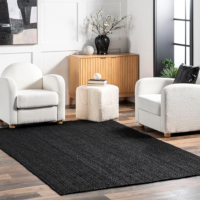 nuLOOM 3x5 Rigo Jute Hand Woven Area Rug, Black, Solid Farmhouse Design, Natural Fiber, For Bedroom, Living Room, Dining Room, Hallway, Office, Kitchen, Entryway