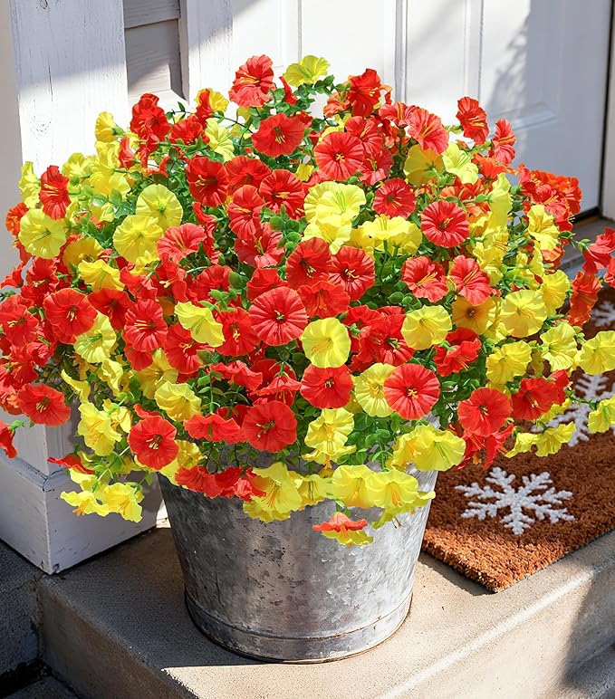 Artificial Flowers Fake Plants for Outdoors Decoration, 12 Bundles Silk Morning Glory with Eucalyptus Realistic UV Resistant Faux Flowers for Outside Planter Porch Yard Patio Garden Home Indoor, Mix