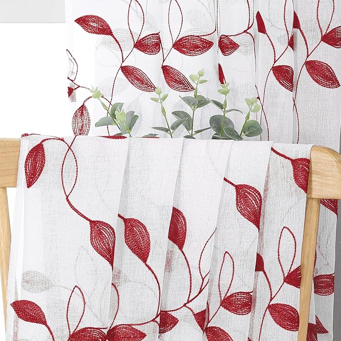 Tollpiz Burgundy Red Leaf Sheer Curtains Leaves Embroidered Living Room Short Curtain Rod Pocket Voile Window Treatments for Bedroom, 54 x 45 inches Long, Set of 2 Panels