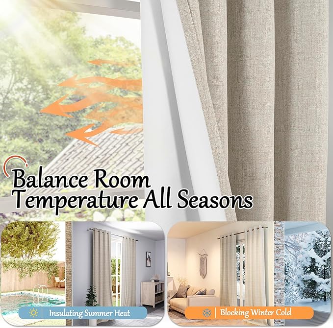 60 Inch Wide Linen Blackout Curtains for Living Room/Bedroom 84 Inch Length 2 Panels, Total Black Out Thermal Insulated Soundproof Grommet Boho Window Drapes White Liner for Modern Farmhouse, Beige