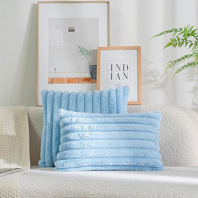 DEELAND Pack of 2,Double-Sided Faux Fur Plush Decorative Throw Pillow Covers Fuzzy Striped Soft Pillowcase Cushion Covers for Sofa Couch Bedroom Lightblue 18x18 inch