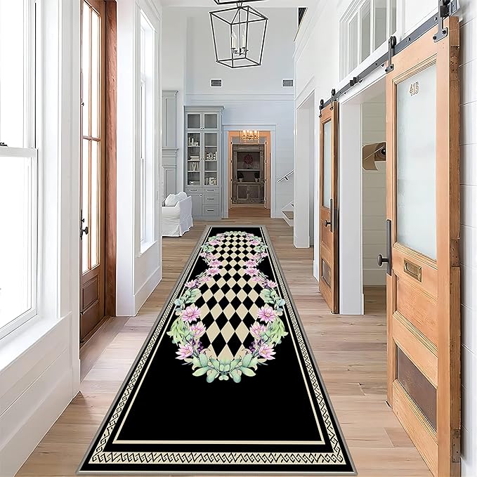 Vintage Farmhouse Checkered Hallway Carpet, 4x12ft, Elegant Floral Flower Checkerboard Indoor Throw Rugs, Absorbent Washable Foldable No Crease High Traffic Mat for Laundryroom Floor