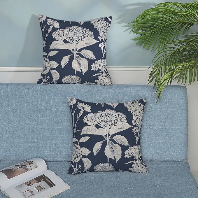 Blue Pillow Covers 16x16 Set of 2 Boho White Floral Throw Pillows Hydrangea Herbs Botanical Decoration Pillowcase Linen Farmhouse Vintage Flower Cushion Case Outdoor Decorative for Couch Sofa