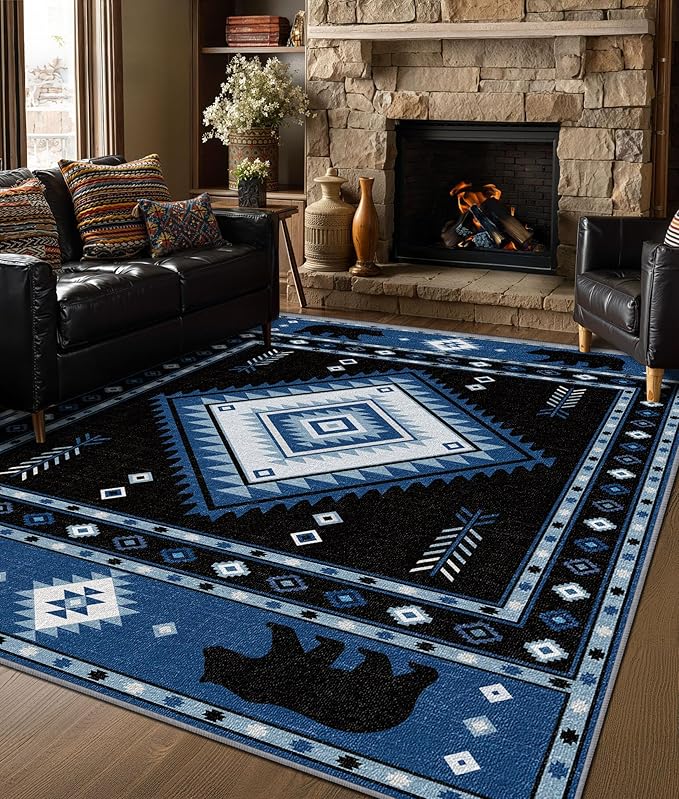 Aztec Rug 2x3 - Southwestern Bear Cabin Area Rugs for Entryway, Rustic Geometric Machine Washable | Non-Slip | Low Pile Small Carpets, Native American Home Decor (Blue White Black)
