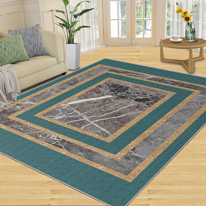 Emerald Green Marble Rug Luxury Teal Marble Area Rug Gilded Geometric Carpet Vintage Stone Crack Carpet for Bedroom Bedside Living Room 5x7ft