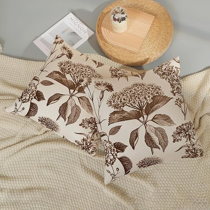 Brown Pillow Covers 18x18 Set of 2 Vintage Boho Floral Hydrangea Herbs Botanical Throw Pillow Cover Outdoor Flower Decorative Pillowcase Linen Farmhouse Cushion Case Decor for Couch Sofa