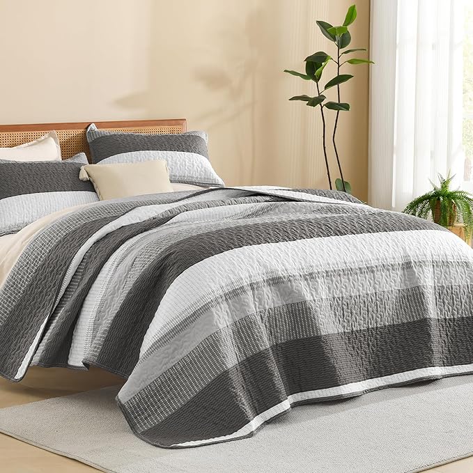 Litanika California King Quilt Set Dark Grey - Cal King Oversized Stripe Comforter Bedspreads & Coverlets - Soft Lightweight Quilted Bedding Set for All Season(1 Quilt, 2 Pillowcases)